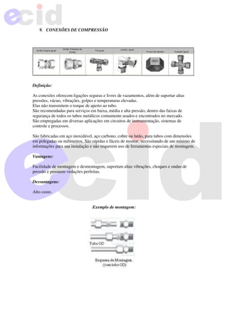 9. CONEXÕES DE COMPRESSÃO
Definição:
As conexões oferecem ligações seguras e livres de vazamentos, além de suportar altas
pressões, vácuo, vibrações, golpes e temperaturas elevadas.
Elas não transmitem o torque de aperto ao tubo.
São recomendadas para serviços em baixa, média e alta pressão, dentro das faixas de
segurança de todos os tubos metálicos comumente usados e encontrados no mercado.
São empregadas em diversas aplicações em circuitos de instrumentação, sistemas de
controle e processos.
São fabricadas em aço inoxidável, aço carbono, cobre ou latão, para tubos com dimensões
em polegadas ou milímetros. São rápidas e fáceis de montar, necessitando de um mínimo de
informações para sua instalação e não requerem uso de ferramentas especiais de montagem.
Vantagens:
Facilidade de montagem e desmontagem, suportam altas vibrações, choques e ondas de
pressão e possuem vedações perfeitas.
Desvantagens:
Alto custo.
Exemplo de montagem:
 