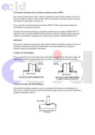9.2 Conexões Gomadas de Aço Carbono conforme norma AWWA
São conexões obtidas pelo corte e solda de segmentos de tubos de aço carbono. Com esse
processo podem-se obter os mais variados tipos de conexões como curvas de raio curto, de
raio longo, tes, derivações, cruzetas, etc.
Essas conexões são padronizadas pela norma AWWA C208 e praticamente podem ser
consideradas como peças artesanais.
Exemplos de especificação técnica: Conexões gomadas de aço carbono ASTM A283 / C,
obtidas de tubos conforme AWWA C200, dimensões conforme AWWA C208, espessura
standard, extremidades chanfradas para solda de topo conforme ASME/ANSI B16.25.
Aplicações:
Em geral em adutoras de água bruta, água tratada, estações elevatórias de água e esgoto em
instalações industriais de água de resfriamento e em usinas hidrelétricas. Exemplo:
Adutoras, água de resfriamento e drenagens.
9.3 Bocas de Lobo Simples
Tem a característica de ser de baixo custo, é de fácil execução por ter uma única solda, não
requer peças especiais, porém são de fraca resistência e sofrem perda de carga elevada.
9.4 Bocas de Lobo com Anel de Reforço
Têm melhor resistência mecânica, são de concentração de tensões mais abrandadas, de
baixo custo e de fácil execução, porém têm perda de carga elevada e controle de qualidade e
inspeção radiográfica difíceis.
 