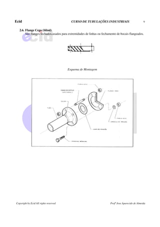 Ecid CURSO DE TUBULAÇÕES INDUSTRIAIS 9
Copyright by Ecid All rights reserved Profº Jose Aparecido de Almeida
2.6. Flange Cego (blind)
São flanges fechados,usados para extremidades de linhas ou fechamento de bocais flangeados.
Esquema de Montagem
 