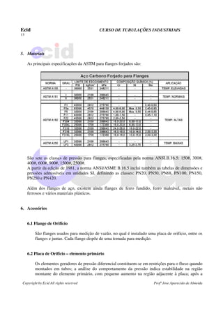 Ecid CURSO DE TUBULAÇÕES INDUSTRIAIS
13
Copyright by Ecid All rights reserved Profº Jose Aparecido de Almeida
5. Materiais
As principais especificações da ASTM para flanges forjados são:
São sete as classes de pressão para flanges, especificadas pela norma ANSI.B.16.5: 150#, 300#,
400#, 600#, 900#, 1500#, 2500#.
A partir da edição de 1981, a norma ANSI/ASME B.16.5 inclui também as tabelas de dimensões e
pressões admissíveis em unidades SI, definindo as classes: PN20, PN50, PN68, PN100, PN150,
PN250 e PN420.
Além dos flanges de aço, existem ainda flanges de ferro fundido, ferro maleável, metais não
ferrosos e vários materiais plásticos.
6. Acessórios
6.1 Flange de Orifício
São flanges usados para medição de vazão, no qual é instalado uma placa de orifício, entre os
flanges e juntas. Cada flange dispõe de uma tomada para medição.
6.2 Placa de Orifício – elemento primário
Os elementos geradores de pressão diferencial constituem-se em restrições para o fluxo quando
montados em tubos; a análise do comportamento da pressão indica estabilidade na região
montante do elemento primário, com pequeno aumento na região adjacente à placa; após a
 