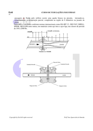 Ecid CURSO DE TUBULAÇÕES INDUSTRIAIS
14
Copyright by Ecid All rights reserved Profº Jose Aparecido de Almeida
passagem do fluído pelo orifício ocorre uma queda brusca na pressão, iniciando-se,
posteriormente, a recuperação parcial, completada na região de 8 diâmetros na jusante da
placa.
Fabricados e calculados conforme normas internacionais como ISA RP 3.2 , ISO 5167, SHELL,
SPINK, MULLER entre outras, em materiais como aço inox e aços liga, nas classes de pressão
de 150 a 2500 lbs.
 