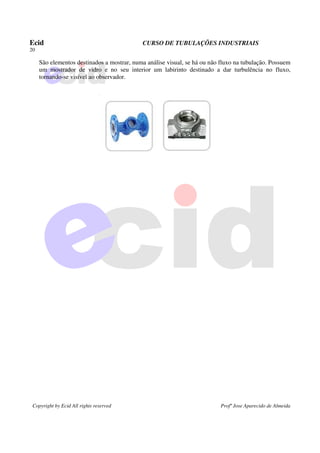 Ecid CURSO DE TUBULAÇÕES INDUSTRIAIS
20
Copyright by Ecid All rights reserved Profº Jose Aparecido de Almeida
São elementos destinados a mostrar, numa análise visual, se há ou não fluxo na tubulação. Possuem
um mostrador de vidro e no seu interior um labirinto destinado a dar turbulência no fluxo,
tornando-se visível ao observador.
 
