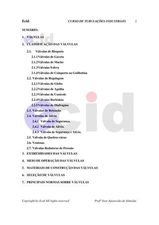 Ecid CURSO DE TUBULAÇÕES INDUSTRIAIS 2
Copyright by Ecid All rights reserved Profº Jose Aparecido de Almeida
SUMÁRIO:
1. VÁLVULAS
2. CLASSIFICAÇÃO DAS VÁLVULAS
2.1. Válvulas de Bloqueio
2.1.1Válvulas de Gaveta
2.1.2Válvulas de Macho
2.1.3Válvulas Esfera
2.1.4Válvulas de Comporta ou Guilhotina
2.2. Válvulas de Regulagem
2.2.1Válvulas de Globo
2.2.2Válvulas de Agulha
2.2.3Válvulas de Controle
2.2.4Válvulas Borboleta
2.2.5Válvulas de Diafragma
2.3. Válvulas de Retenção
2.4. Válvulas de Alívio
2.4.1 Válvula de Segurança.
2.4.2 Válvula de Alívio.
2.4.3 Válvula de Segurança e Alívio.
2.5. Válvula de Quebra-vácuo
2.6. Ventosas
2.7. Válvulas Redutoras de Pressão
3. EXTREMIDADES DAS VÁLVULAS
4. MEIO DE OPERAÇÃO DAS VÁLVULAS
5. MATERIAIS DE CONSTRUÇÃO DAS VÁLVULAS
6. SELEÇÃO DE VÁLVULAS
7. PRINCIPAIS NORMAS SOBRE VÁLVULAS
 
