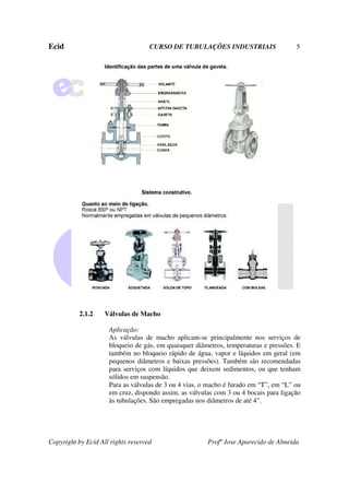 Ecid CURSO DE TUBULAÇÕES INDUSTRIAIS 5
Copyright by Ecid All rights reserved Profº Jose Aparecido de Almeida
2.1.2 Válvulas de Macho
Aplicação:
As válvulas de macho aplicam-se principalmente nos serviços de
bloqueio de gás, em quaisquer diâmetros, temperaturas e pressões. E
também no bloqueio rápido de água, vapor e líquidos em geral (em
pequenos diâmetros e baixas pressões). Também são recomendadas
para serviços com líquidos que deixem sedimentos, ou que tenham
sólidos em suspensão.
Para as válvulas de 3 ou 4 vias, o macho é furado em “T”, em “L” ou
em cruz, dispondo assim, as válvulas com 3 ou 4 bocais para ligação
às tubulações. São empregadas nos diâmetros de até 4”.
 