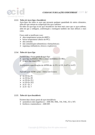 CURSO DE TUBULAÇÕES INDUSTRIAIS 7
Profº Jose Aparecido de Almeida
2.1.3. Tubos de Aços-Liga e Inoxidáveis
Aços-ligas são todos os aços que possuem qualquer quantidade de outros elementos,
além dos que entram na composição dos aços carbonos.
Os tubos de aços-liga ou de aços inoxidáveis são bem mais caros que os aços-carbono,
além do que a soldagem, conformação e montagem também são mais difíceis e mais
caras.
Casos onde se justificam o uso:
¾ altas temperaturas (acima de 400ºC);
¾ baixas temperaturas (abaixo de 0ºC);
¾ alta corrosão;
¾ não contaminação (alimentícias e farmacêuticas);
¾ segurança (inflamáveis, tóxicos e explosivos).
2.1.4. Tubos de Aços-Liga
Existem duas classes gerais de aços-liga:
¾ aços-liga molibdênio (Mo) e cromo molibdênio (Cr-Mo);
¾ os aços-liga níquel (Ni).
As principais especificações da ASTM são: A-333, A-335, A-671 e A-672.
Especificação ASTM e grau – Tubos sem Costura
¾ A-335 Gr. P1
¾ A-335 Gr. P5
¾ A-335 Gr. P11
¾ A-335 Gr. P22
¾ A-33 Gr. 3
¾ A-33 Gr. 7
2.1.5. Tubos de Aços-Inoxidáveis
Existem duas classes gerais de aços-inoxidáveis:
¾ austeníticos (não magnéticos) – AISI 304, 304L, 316, 316L, 321 e 347;
¾ ferríticos e martensíticos – AISI 405.
 