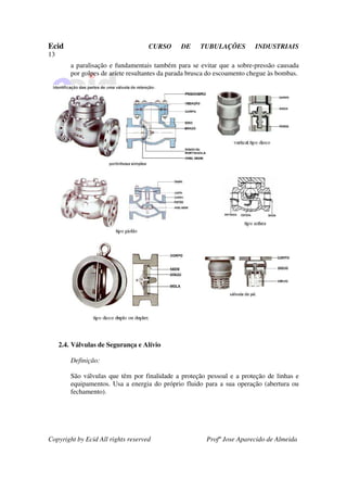 Ecid CURSO DE TUBULAÇÕES INDUSTRIAIS
13
Copyright by Ecid All rights reserved Profº Jose Aparecido de Almeida
a paralisação e fundamentais também para se evitar que a sobre-pressão causada
por golpes de aríete resultantes da parada brusca do escoamento chegue às bombas.
2.4. Válvulas de Segurança e Alívio
Definição:
São válvulas que têm por finalidade a proteção pessoal e a proteção de linhas e
equipamentos. Usa a energia do próprio fluido para a sua operação (abertura ou
fechamento).
 