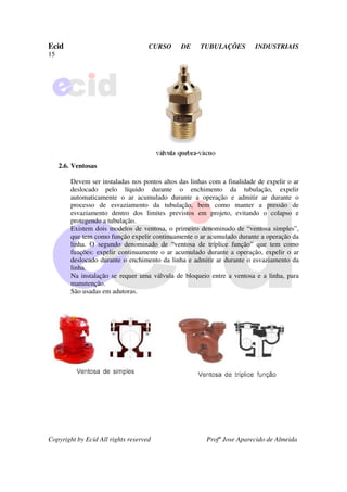 Ecid CURSO DE TUBULAÇÕES INDUSTRIAIS
15
Copyright by Ecid All rights reserved Profº Jose Aparecido de Almeida
2.6. Ventosas
Devem ser instaladas nos pontos altos das linhas com a finalidade de expelir o ar
deslocado pelo líquido durante o enchimento da tubulação, expelir
automaticamente o ar acumulado durante a operação e admitir ar durante o
processo de esvaziamento da tubulação, bem como manter a pressão de
esvaziamento dentro dos limites previstos em projeto, evitando o colapso e
protegendo a tubulação.
Existem dois modelos de ventosa, o primeiro denominado de “ventosa simples”,
que tem como função expelir continuamente o ar acumulado durante a operação da
linha. O segundo denominado de “ventosa de tríplice função” que tem como
funções: expelir continuamente o ar acumulado durante a operação, expelir o ar
deslocado durante o enchimento da linha e admitir ar durante o esvaziamento da
linha.
Na instalação se requer uma válvula de bloqueio entre a ventosa e a linha, para
manutenção.
São usadas em adutoras.
 