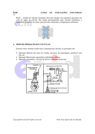 Ecid CURSO DE TUBULAÇÕES INDUSTRIAIS
17
Copyright by Ecid All rights reserved Profº Jose Aparecido de Almeida
Wafer – modelo de válvulas instaladas entre dois flanges com parafusos passantes em
volta do corpo da válvula. São usadas principalmente para válvulas borboletas, e
também de retenção e de esfera, para pressões moderadas e temperaturas ambientes.
4. MEIO DE OPERAÇÃO DAS VÁLVULAS
Existem vários sistemas usados para a operação das válvulas, os principais são:
¾ Operação Manual: por meio de volante, alavanca, de engrenagens, parafusos sem
fim, etc.
¾ Operação Motorizada: pneumática, hidráulica e elétrica.
¾ Operação Automática: válvulas de alívio e redutoras de pressão.
 