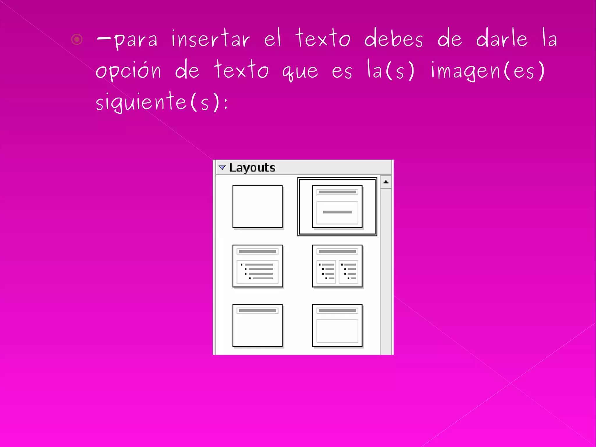 -para insertar el texto debes de darle la opción de texto que es la(s) imagen(es) siguiente(s): 