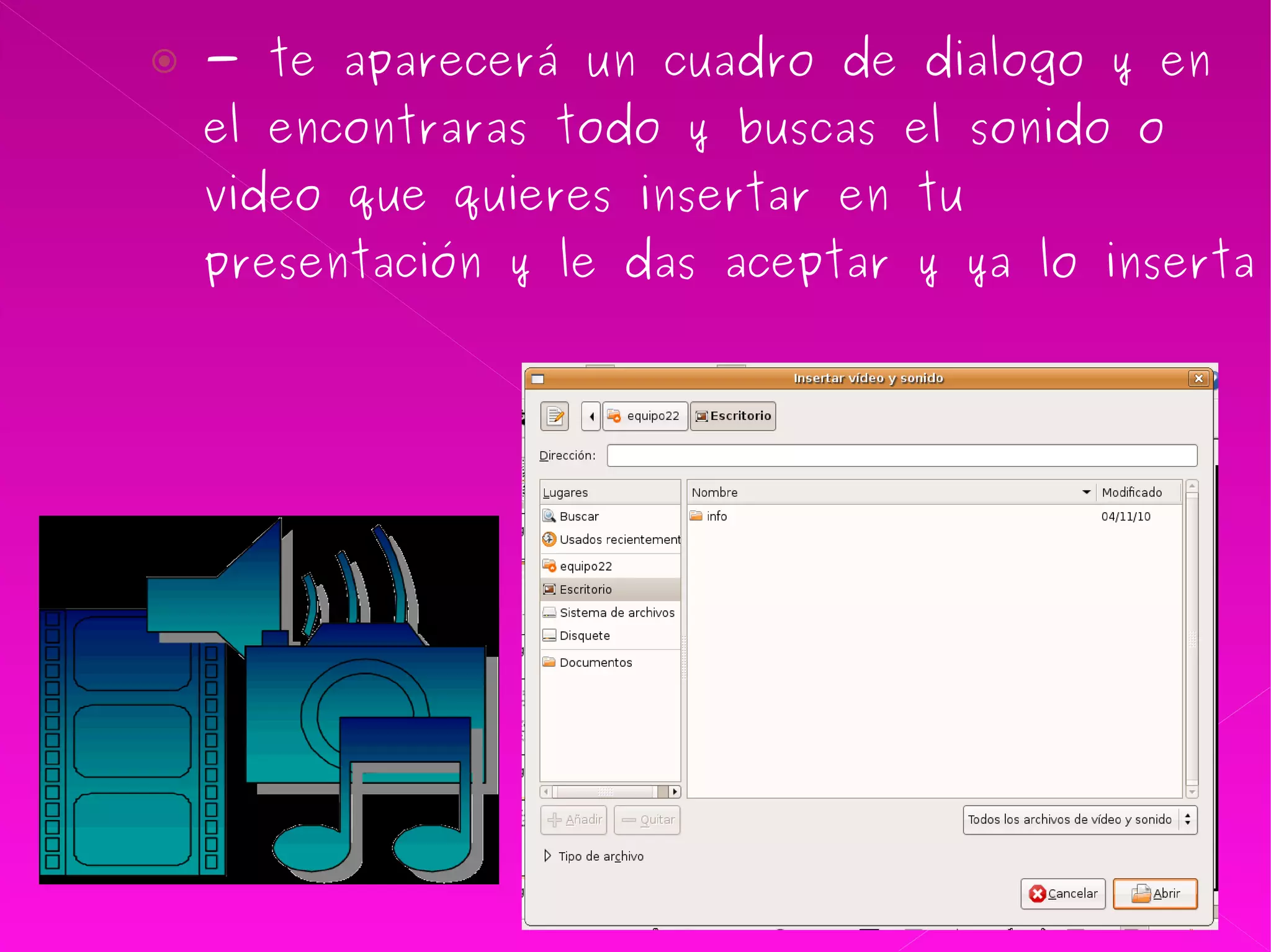 - te aparecerá un cuadro de dialogo y en el encontraras todo y buscas el sonido o video que quieres insertar en tu presentación y le das aceptar y ya lo inserta  