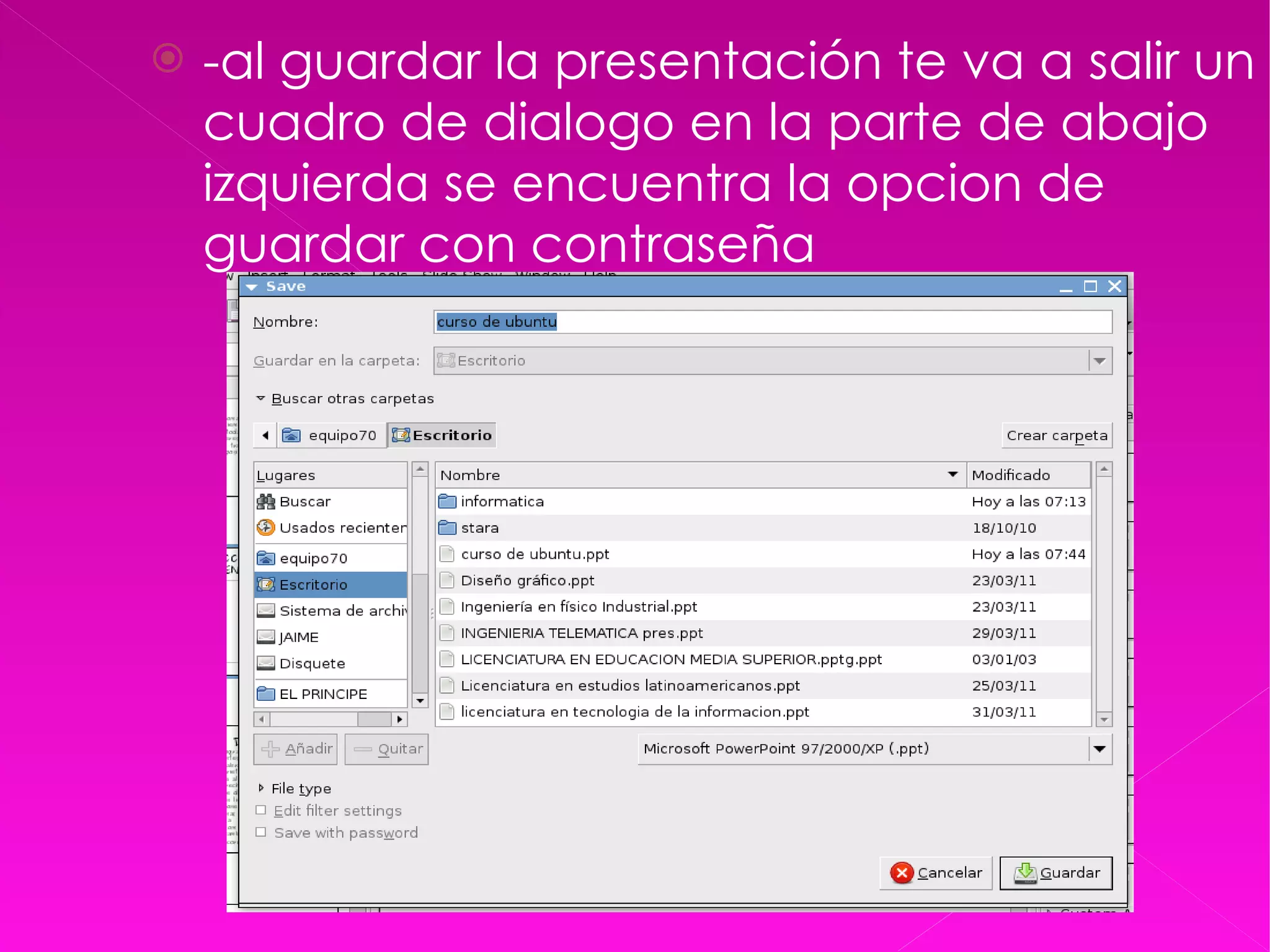 -al guardar la presentación te va a salir un cuadro de dialogo en la parte de abajo izquierda se encuentra la opcion de guardar con contraseña  
