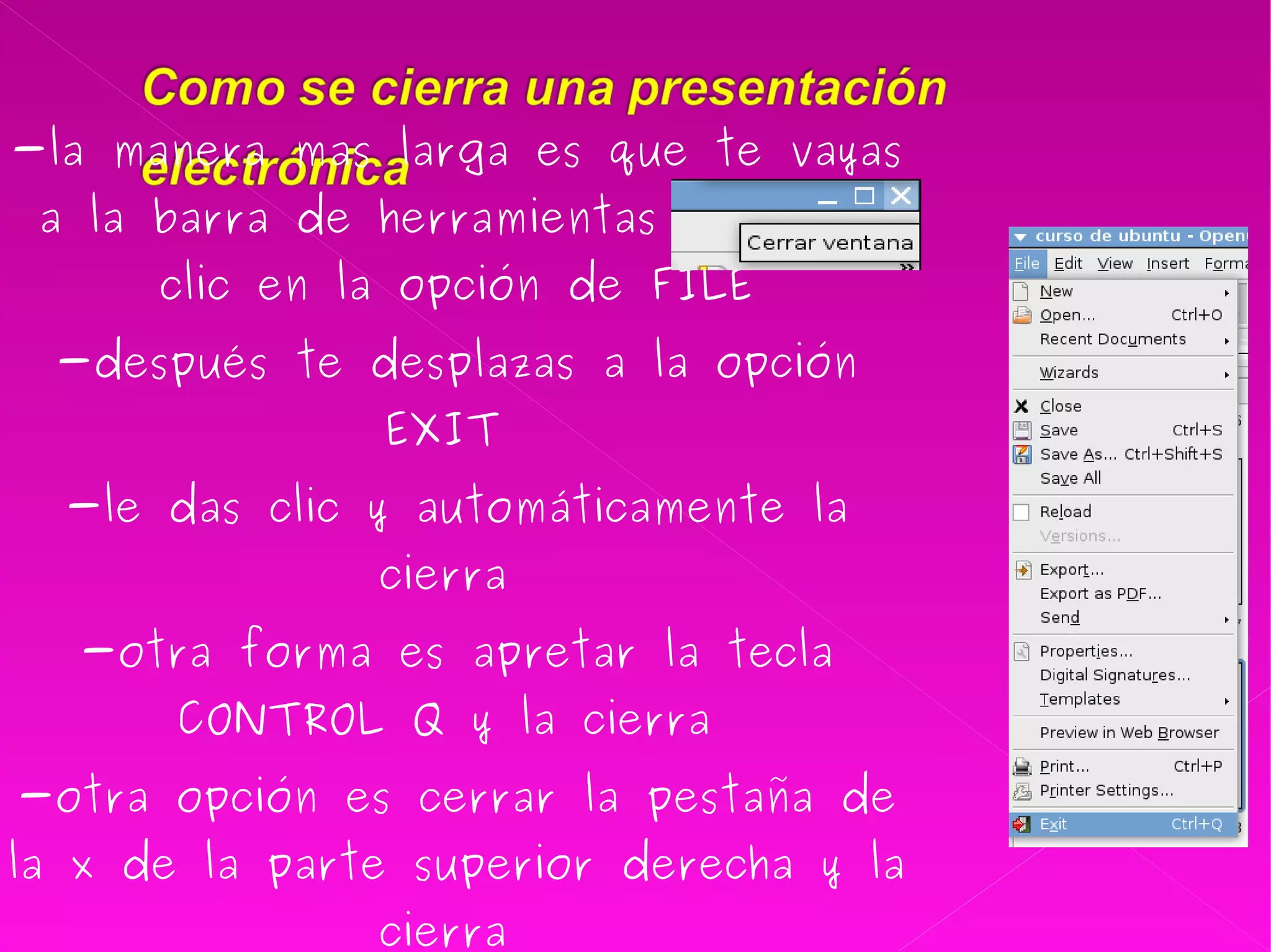 -la manera mas larga es que te vayas a la barra de herramientas y le des clic en la opción de FILE -después te desplazas a la opción EXIT  -le das clic y automáticamente la cierra  -otra forma es apretar la tecla CONTROL Q y la cierra  -otra opción es cerrar la pestaña de la x de la parte superior derecha y la cierra  