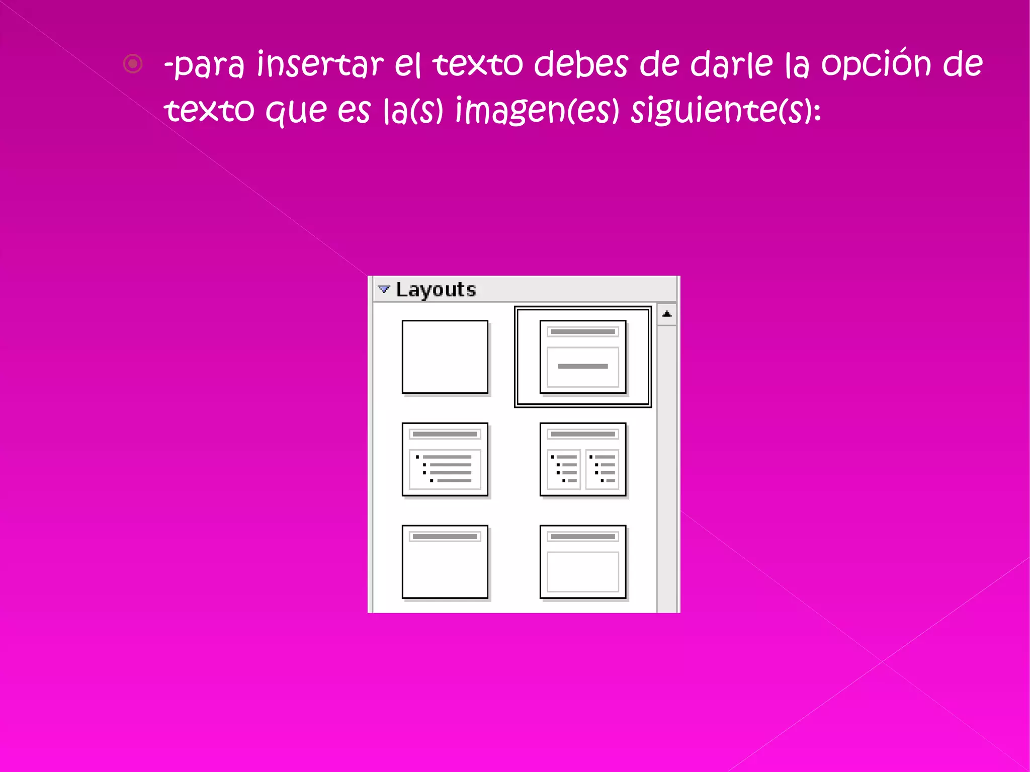 -para insertar el texto debes de darle la opción de texto que es la(s) imagen(es) siguiente(s): 