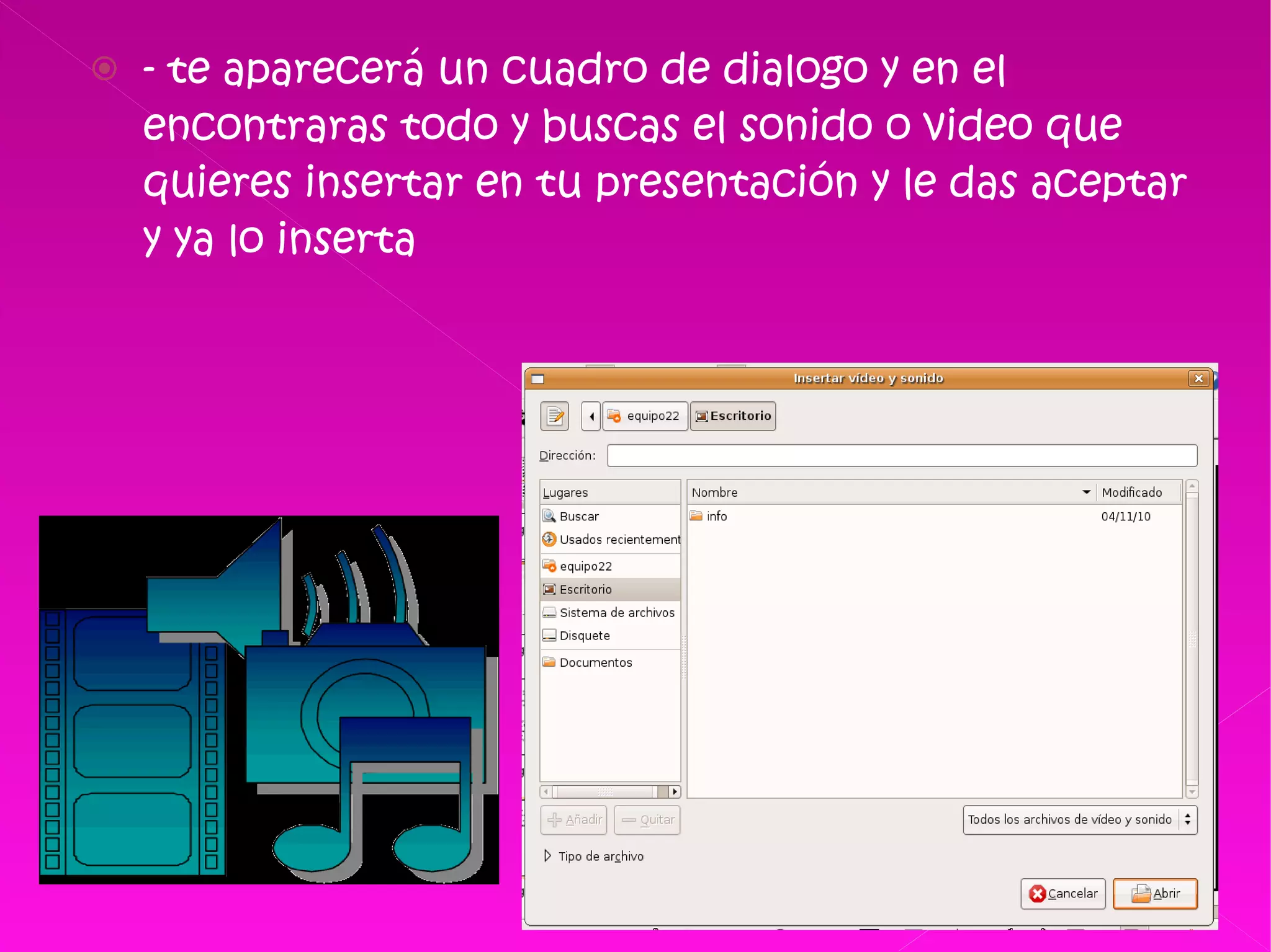 - te aparecerá un cuadro de dialogo y en el encontraras todo y buscas el sonido o video que quieres insertar en tu presentación y le das aceptar y ya lo inserta  
