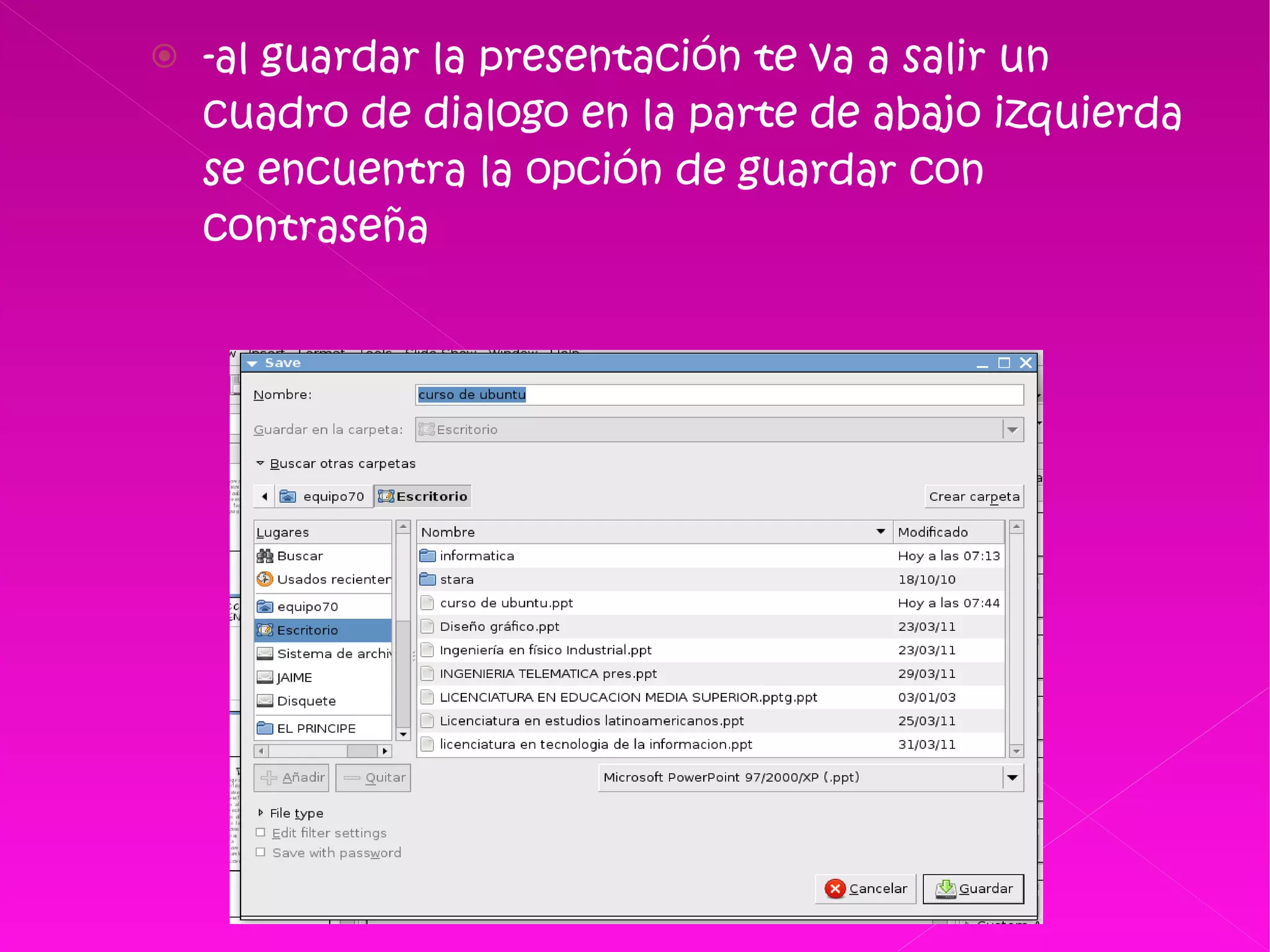 -al guardar la presentación te va a salir un cuadro de dialogo en la parte de abajo izquierda se encuentra la opción de guardar con contraseña  