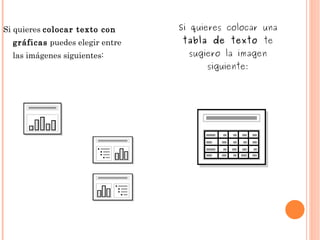 Si quieres  colocar texto con gráficas  puedes elegir entre las imágenes siguientes: Si quieres colocar una  tabla de texto  te sugiero la imagen siguiente: 