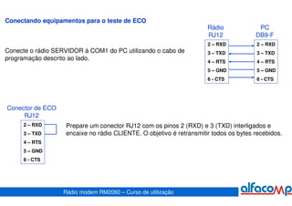 Conectando equipamentos para o teste de ECO
                                                                     Rádio             PC
                                                                     RJ12             DB9-F
                                                                     2 – RXD           2 – RXD
Conecte o rádio SERVIDOR à COM1 do PC utilizando o cabo de           3 – TXD           3 – TXD
programação descrito ao lado.
                                                                     4 – RTS           4 – RTS
                                                                     5 – GND           5 – GND
                                                                     6 - CTS           6 - CTS




Conector de ECO
     RJ12
     2 – RXD       Prepare um conector RJ12 com os pinos 2 (RXD) e 3 (TXD) interligados e
     3 – TXD       encaixe no rádio CLIENTE. O objetivo é retransmitir todos os bytes recebidos.
     4 – RTS
     5 – GND
     6 - CTS




                  Rádio modem RM2060 – Curso de utilização
 