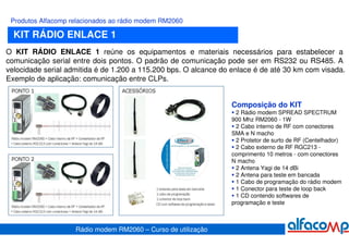 Produtos Alfacomp relacionados ao rádio modem RM2060

  KIT RÁDIO ENLACE 1
O KIT RÁDIO ENLACE 1 reúne os equipamentos e materiais necessários para estabelecer a
comunicação serial entre dois pontos. O padrão de comunicação pode ser em RS232 ou RS485. A
velocidade serial admitida é de 1.200 a 115.200 bps. O alcance do enlace é de até 30 km com visada.
Exemplo de aplicação: comunicação entre CLPs.


                                                                 Composição do KIT
                                                                   2 Rádio modem SPREAD SPECTRUM
                                                                 900 Mhz RM2060 - 1W
                                                                   2 Cabo interno de RF com conectores
                                                                 SMA e N macho
                                                                   2 Protetor de surto de RF (Centelhador)
                                                                   2 Cabo externo de RF RGC213 -
                                                                 comprimento 10 metros - com conectores
                                                                 N macho
                                                                   2 Antena Yagi de 14 dBi
                                                                   2 Antena para teste em bancada
                                                                   1 Cabo de programação do rádio modem
                                                                   1 Conector para teste de loop back
                                                                   1 CD contendo softwares de
                                                                 programação e teste



                    Rádio modem RM2060 – Curso de utilização
 