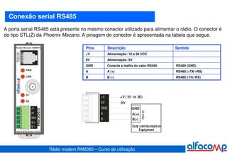 Conexão serial RS485
A porta serial RS485 está presente no mesmo conector utilizado para alimentar o rádio. O conector é
do tipo STL(Z) da Phoenix Mecano. A pinagem do conector é apresentada na tabela que segue.

     R ádio Mo dem 900MH z                            Pino         Descrição                            Sentido
                                                      +V          Alimentação: 10 a 30 VCC
     RS2 32




                                                      0V          Alimentação: 0V
                                                      GND         Conecta a malha do cabo RS485         RS485 (GND)
              PWR
                                                      A           A (+)                                 RS485 (+TX/+RX)
              LINK                                    B           B (-)                                 RS485 (-TX/-RX)




              TX
                                                             +V           +V (10 to 30)
              RX
                                                             0V           0V
                   +V                                        GND                GND
                          RM 206 0




                                                                                       RS4 85
                   0V                                        A                  A(+)
     RS4 85




                   GND
                                                             B                  B(-)
                   A(+)
                   B(-)                                                          Da ta communicati on
     ww w.al facomp .ind.br
                                                                                      E qui pment




                                     Rádio modem RM2060 – Curso de utilização
 