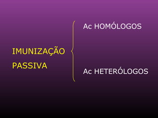 IMUNIZAÇÃO PASSIVA Ac HOMÓLOGOS Ac HETERÓLOGOS 