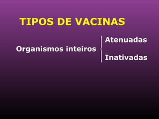 TIPOS DE VACINAS Organismos inteiros Atenuadas Inativadas 