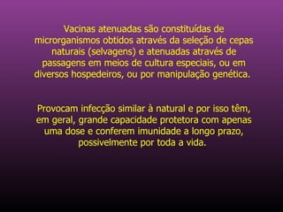 Vacinas atenuadas são constituídas de microrganismos obtidos através da seleção de cepas naturais (selvagens) e atenuadas através de passagens em meios de cultura especiais, ou em diversos hospedeiros, ou por manipulação genética.  Provocam infecção similar à natural e por isso têm, em geral, grande capacidade protetora com apenas uma dose e conferem imunidade a longo prazo, possivelmente por toda a vida.  