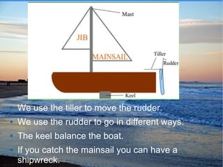  We use the tiller to move the rudder.
 We use the rudder to go in different ways.
 The keel balance the boat.
 If you catch the mainsail you can have a
shipwreck..
 