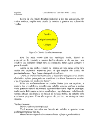 Este arquivo compõe a coletânea STC
                 www.trabalheemcasaoverdadeiro.com.br
Página 12                      Como Obter Sucesso Em Vendas Diretas – Guia do
Revendedor

      Esgota-se seu círculo de relacionamentos e eles não conseguem, por
vários motivos, ampliar este círculo de maneira a garantir seu volume de
vendas.



                                Família

                          Amigos/conhecidos

                                Colegas


               Figura 2- Círculo de relacionamentos

       Este fato pode acabar com toda motivação inicial, frustrar as
expectativas de resultado e mesmo fazê-lo desistir; a não ser que seu
objetivo seja somente vender para os conhecidos, fazer algum dinheiro e
parar de vender.
       Agora, se seu sonho é maior ou precisa de uma renda extra para
fechar seu orçamento prepare-se para ter que ampliar seu círculo de
possíveis clientes. Aqui é necessário profissionalismo.
       “Para ser profissional neste ramo é necessário ultrapassar os limites
da timidez, definir quem pode ser seu cliente e ir à luta. Sem medos, receios
e de preferência com muito bom humor”.
       Falar em profissionalismo em vendas diretas pode ser esquisito, a
maioria dos revendedores considera seu trabalho somente um bico e muitas
vezes param de vender na primeira oportunidade de uma vaga em empregos
tradicionais. Felizmente, existem aqueles bem sucedidos que trabalham de
forma a atingir suas metas e só passam ao mercado formal de trabalho com
excelentes propostas. Estes são capazes de perceber as vantagens deste
sistema.

Vantagens como:
      Horário extremamente flexível
      Você mesmo determina seu horário de trabalho e quantas horas
pretendem trabalhar por dia.
      O rendimento depende diretamente do seu esforço e produtividade
 
