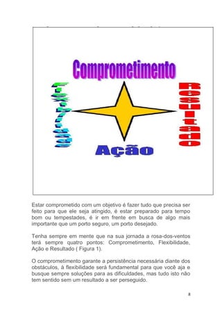 8
Estar comprometido com um objetivo é fazer tudo que precisa ser
feito para que ele seja atingido, é estar preparado para tempo
bom ou tempestades, é ir em frente em busca de algo mais
importante que um porto seguro, um porto desejado.
Tenha sempre em mente que na sua jornada a rosa-dos-ventos
terá sempre quatro pontos: Comprometimento, Flexibilidade,
Ação e Resultado ( Figura 1).
O comprometimento garante a persistência necessária diante dos
obstáculos, à flexibilidade será fundamental para que você aja e
busque sempre soluções para as dificuldades, mas tudo isto não
tem sentido sem um resultado a ser perseguido.
 