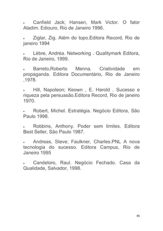 85
Canfield Jack; Hansen, Mark Victor. O fator
Aladim. Ediouro, Rio de Janeiro 1996.
Ziglar, Zig. Além do topo.Editora Record, Rio de
janeiro 1994
Lèbre, Andréa. Networking . Qualitymark Editora,
Rio de Janeiro, 1999.
Barreto,Roberto Menna. Criatividade em
propaganda. Editora Documentário, Rio de Janeiro
,1978.
Hill, Napoleon; Keown , E. Harold . Sucesso e
riqueza pela persuasão.Editora Record, Rio de janeiro
1970.
Robert, Michel. Estratégia. Negócio Editora, São
Paulo 1998.
Robbins, Anthony. Poder sem limites. Editora
Best Seller, São Paulo 1987.
Andreas, Steve; Faulkner, Charles.PNL A nova
tecnologia do sucesso. Editora Campus, Rio de
Janeiro 1995
Candeloro, Raul. Negócio Fechado. Casa da
Qualidade, Salvador, 1998.
 