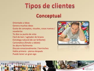 19 
Orientado a Ideas 
Genera muchas ideas 
Gusta de conceptos, visuales, cosas nuevas / 
novelerías 
Te dice su punto de vista 
Fácil de leer / agitador de brazos 
Estratega natural (de ser brillante) 
Carismático (Ámalo u ódialo) 
Se aburre fácilmente 
Discute emocionalmente / berrinches 
Habla primero - piensa después 
Puede tener un gran ego 
GERENCIA COMERCIAL 2008 
 