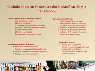34 
¿Cuándo deberían llevarse a cabo la planificación y la 
Después de una reunión de ventas mensual 
• Plan de Ventas por marca 
• Objetivos por cliente 
• Presupuesto de promociones asignado 
• Muestras / materiales de puntos de venta 
• Presentación de ventas 
• Objetivos por indicadores 
• Actividades Promotoras de Ventas. 
Inmediatamente antes de la visita 
• Repasar los objetivos de la visita. 
• Revisar el enfoque planificado de la visita. 
• Verificar herramientas / equipos de ventas. 
• Chequear apariencia personal. 
La noche antes de la visita 
• Secuencia del Plan de Visitas 
• Herramientas de ventas (catálogos, 
formatos de ventas, entre otros) 
• Objetivos de Promoción de Ventas 
• Hoja de ruta / registros de la visita 
• Actividad de Promoción de Ventas 
• Presentaciones de Ventas 
Después de la visita 
• Revisar éxito Vs objetivos. 
• Revisar conocimientos ganados para 
otras visitas, aprendizajes. 
• Planifica objetivos de Ventas para 
próximo contacto. 
preparación? 
GERENCIA COMERCIAL 2008 
 