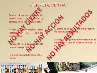 48 
• Realizar documentación de las 
inquietudes del cliente y 
canalizarlas a los involucrados. 
• Actualizar información para 
fortalecer las uniones 
comerciales. 
• Fortalecer el posicionamiento 
de nuestros productos. 
• Registrar los pendientes con el 
cliente. 
El cierre es el paso final del proceso 
de ventas persuasivas. 
Es crítico porque es el momento en el 
cual logras que el cliente acepte tu 
propuesta 
GERENCIA COMERCIAL 2008 
 
