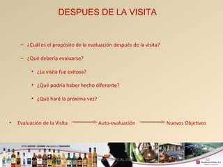 62 
DESPUES DE LA VISITA 
– ¿Cuál es el propósito de la evaluación después de la visita? 
– ¿Qué debería evaluarse? 
• ¿La visita fue exitosa? 
• ¿Qué podría haber hecho diferente? 
• ¿Qué haré la próxima vez? 
• Evaluación de la Visita Auto-evaluación Nuevos Objetivos 
GERENCIA COMERCIAL 2008 
 