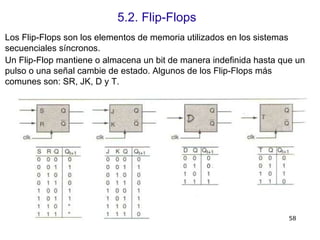 5.2. Flip-Flops  Los Flip-Flops son los elementos de memoria utilizados en los sistemas  secuenciales síncronos.  Un Flip-Flop mantiene o almacena un bit de manera indefinida hasta que un pulso o una señal cambie de estado. Algunos de los Flip-Flops más comunes son: SR, JK, D y T.  58  