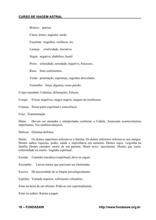CURSO DE VIAGEM ASTRAL

Branco: pureza.
Cinza: temor, angústia, medo.
Escarlate: tragédias, violência, ira.
Laranja:

criatividade, iniciativa.

Negra: negativo, diabólico, hostil
Preto: solenidade, seriedade, negativo, fracassos..
Rosa: bons sentimentos.
Verde: penetração, esperança, segredos desvelados.
Vermelho: força, algumas vezes paixão.
Corpo enredado: Calúnias, difamações, fofocas.
Coruja:

Forças negativas, magos negros, ataques de tenebrosos.

Criança: Nossa parte espiritual e consciência.
Cruz: Transmutação.
Datas:
Devem ser anotadas e interpretadas conforme a Cabala. Anunciam acontecimentos
importantes. Ver também números.
Defecar: Eliminar defeitos.
Dente: Os dentes superiores referem-se á família. Os dentes inferiores referem-se aos amigos.
Dentes sadios riquezas, poder, saúde e importância em aumento. Dentes sujos: vergonha na
família Dentes cariados: morte de um parente. Dente novo: nascimento. Dentes que caem:
enfermidade ou morte~ tragédia espiritual.
Escada:

Caminho iniciático (espiritual), deve-se seguir.

Escorpião:

Larvas astrais que precisam ser eliminadas.

Escova: Há necessidade de se limpar psicologicamente.
Espinho: Vontade superior, sofrimento voluntário.
Estar na beira de um abismo: Pode-se cair espiritualmente.
Estar na cadeia: Karma a pagar.

18 – FUNDASAW

http://www.fundasaw.org.br

 