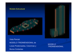 Vista Parcial
MODELO TRIDIMENSIONAL de
Losas Postensadas, Columnas y
Muros Cortantes
MODELO
TRIDIMENSIONAL
Modelo Estructural
 
