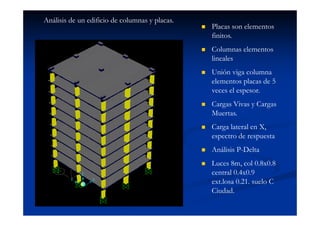Análisis de un edificio de columnas y placas.
Placas son elementos
finitos.
Columnas elementos
lineales
Unión viga columna
elementos placas de 5
veces el espesor.
Cargas Vivas y Cargas
Muertas.
Carga lateral en X,
espectro de respuesta
Análisis P-Delta
Luces 8m, col 0.8x0.8
central 0.4x0.9
ext.losa 0.21. suelo C
Ciudad.
 