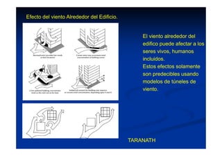 Efecto del viento Alrededor del Edificio.
El viento alrededor del
edifico puede afectar a los
seres vivos, humanos
incluidos.
Estos efectos solamente
son predecibles usando
modelos de túneles de
viento.
TARANATH
 