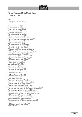 155
Cinco Pães e Dois Peixinhos
Quatro Por Um
Tom: D
(intro) F7 G9 Dm7 Em7 A
A9 F#m
Nem sempre se sabe
D9 E11 E
Detalhes de um milagre
A9 F#m
Mas eu vou contar
D9 E11 E
A história de um menino
Bm7 A/C#
Que um dia levantou bem cedo
D9 A/C#
E sua mãe lhe perguntou com medo
Bm7 A6 E11 E
Aonde é que você vai?
Bm7 A/C#
E o menino,então,respondeu
D9 A/C#
O mestre está a me chamar
Bm7 A9 E11 E
Uma multidão vou ajudar alimentar
C#11 C# F#m
Sua mãe lhe disse: isso é impossivel
E6 D9 A/C#
O que tem ai nesse cestinho?
Bm A/C# D9
E com muita fé o menino disse:
E11 E A9 D/E
Cinco pães e dois peixinhos
A9 E11
Quem poderia imaginar
E A/C# Bm
Que o menino ia ajudar
D E11 E
Alimentar a multidão
A9 E11
E é assim que Deus faz
E Bm
Usa quem ele quer
A/C# D9 D/E A9
Menino,homem ou mulher
A9 F#m
Eu posso imaginar
D9 Bm E11 E
Os olhos do menino a brilhar
A9 F#m D9 Bm E11 E
Muita alegria em poder ajudar
Bm A/C#
Então Jesus Levantou seus olhos
D9 A/C# Bm A6 E11 E
E viu que era preciso Manifestar o seu poder
Bm A/C#
E alimentou todos os que tinha fome
D9 A/C# Bm A6 E11 E
Grande foi o milagre e todos puderam crer
C#11 C# F#m
Que com Jesus o pouco é muito
F#m/E D9 A/C#
Assim Também creu aquele menino
Bm A/C# D9
Que com muita fé trouxe em seu cestinho
E11 E A9 D/E
Cinco pães e dois peixinhos
Quem poderia...
 