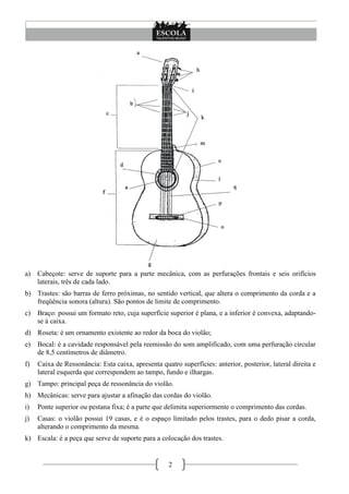 2
a) Cabeçote: serve de suporte para a parte mecânica, com as perfurações frontais e seis orifícios
laterais, três de cada lado.
b) Trastes: são barras de ferro próximas, no sentido vertical, que altera o comprimento da corda e a
freqüência sonora (altura). São pontos de limite de comprimento.
c) Braço: possui um formato reto, cuja superfície superior é plana, e a inferior é convexa, adaptando-
se à caixa.
d) Roseta: é um ornamento existente ao redor da boca do violão;
e) Bocal: é a cavidade responsável pela reemissão do som amplificado, com uma perfuração circular
de 8,5 centímetros de diâmetro.
f) Caixa de Ressonância: Esta caixa, apresenta quatro superfícies: anterior, posterior, lateral direita e
lateral esquerda que correspondem ao tampo, fundo e ilhargas.
g) Tampo: principal peça de ressonância do violão.
h) Mecânicas: serve para ajustar a afinação das cordas do violão.
i) Ponte superior ou pestana fixa; é a parte que delimita superiormente o comprimento das cordas.
j) Casas: o violão possui 19 casas, e é o espaço limitado pelos trastes, para o dedo pisar a corda,
alterando o comprimento da mesma.
k) Escala: é a peça que serve de suporte para a colocação dos trastes.
 