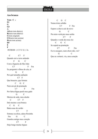 28
Asa branca
Tom: C
F#
G
G#
A
A#(um tom abaixo)
B(meio tom abaixo)
C(tom original)
C#(meio tom acima)
D(um tom acima)
D#
E
F
INTROD: ( C F C G ) 2x
C C7 F
Quando oiei a terra ardendo
C G C
Com a fogueira de São João
C7 F Fm
Eu perguntei a Deus do céu, ai
G C
Por quê tamanha judiação
C7 F
Que braseiro, que fornaia
C G C
Nem um pé de prantação
C7 F Fm
Por farta d'água perdi meu gado
G C
Morreu de sede, meu alazão
C C7 F
Inté mesmo a asa branca
C G C
Bateu asas do sertão
C7 F
Entonce eu disse, adeus Rosinha
Fm G C
Guarda contigo meu coração
C7 F
Hoje longe muitas léguas
C G C
Numa triste solidão
C7 F Fm
Espero a chuva cair de novo
G C
Pra mim vortá pro meu sertão
C7 F
Quando o verde dos teus óio
C G C
Se espaiá na prantação
C7 F Fm
Eu te asseguro, num chore não, viu?
G C
Que eu vortarei, viu, meu coração
 