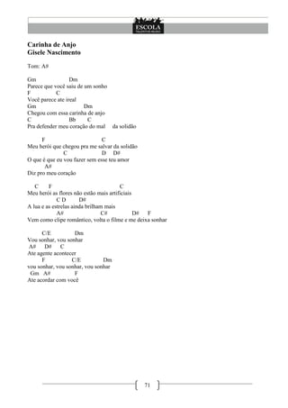 71
Carinha de Anjo
Gisele Nascimento
Tom: A#
Gm Dm
Parece que você saiu de um sonho
F C
Você parece ate ireal
Gm Dm
Chegou com essa carinha de anjo
C Bb C
Pra defender meu coração do mal da solidão
F C
Meu herói que chegou pra me salvar da solidão
C D D#
O que é que eu vou fazer sem esse teu amor
A#
Diz pro meu coração
C F C
Meu herói as flores não estão mais artificiais
C D D#
A lua e as estrelas ainda brilham mais
A# C# D# F
Vem como clipe romântico, volta o filme e me deixa sonhar
C/E Dm
Vou sonhar, vou sonhar
A# D# C
Ate agente acontecer
F C/E Dm
vou sonhar, vou sonhar, vou sonhar
Gm A# F
Ate acordar com você
 