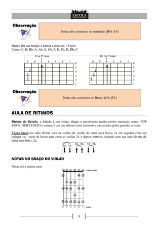8
Observação
Notas não existentes no sustenido (B#) (E#)
Bemol (b) sua função é baixar a nota em 1/5 tom.
Como: C, B, Bb, A, Ab, G, Gb, F, E, Eb, D, Db, C
Observação
Notas não existentes no Bemol (Cb) (Fb)
AULA DE RITIMOS
Rirímo de Balada: a balada é um ritímo alegre e envolvente muito estilos musicais como: POP
ROCK, SERTANEJO e outros, é um dos ritímos mais famosos e executados pelos grandes artistas.
Como fazer:sua mão direita toca as cordas do violão de cima para baixo 2x em seguida com seu
polegar vai tocar de baixo para cima as cordas 2x e depois termina tocando com sua mão direita de
cima para baixo 2x.
NOTAS NO BRAÇO DO VIOLÃO
Notas até a quinta casa:
 
