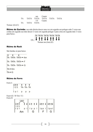 um      Cautre
                   TA       TATA   TATA     TATA     TATA      TATA
                                    1/5     Cautre
                   TA       TATA   TATA
Treinar: (G) (C)

Ritimo de Carimbo: sua mão direita descer uma vez em seguida seu polegar sobe 2 vezes nas
cordas em seguida sua mão descer 2 vezes em seguida polegar 2 para cima em seguida mão 2 vezes
para baixo.


                               EX.:
                                      Treinar em (Am) (E)

Ritimo de Rock

São batidas só para baixo




Ritimo de Forro

Forro I:




Fazer (G / D/ Em / C)
Forro II




                                               16
 