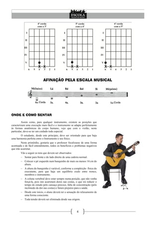 AFINAÇÃO PELA ESCALA MUSICAL




ONDE E COMO SENTAR

         Assim como, para qualquer instrumento, existem as posições que
caracterizam uma execução mais fácil e o instrumento se adapte perfeitamente
às formas anatômicas do corpo humano, vejo que com o violão, neste
particular, deve-se ter um cuidado todo especial.
       O estudante, desde este principio, deve ser orientado para que haja
uma harmonia perfeita entre o Instrumento e seu físico.
         Neste primórdio, gostaria que o professor focalizasse de uma forma
acentuada e de fácil entendimento, todos os benefícios e problemas negativos
que irão acarretar.
        Vão a seguir os tens que devem ser observados:
        – Sentar para frente e do lado direito de uma cadeira normal.
        – Colocar o pé esquerdo num banquinho de mais ou menos 14 cm do
          altura.
        – A altura do banquinho é variável, conforme a compleição física do
          executante, para que haja um equilíbrio exalo entre tronco,
          membros e instrumento.
        – A coluna vertebral deve estar sempre numa posição, que não venha
          forçá-la, pois isto acarretará dores nas costas, o que irá reduzir o
          tempo do estudo pelo cansaço precoce, falta de concentração (pelo
          incômodo da dor nas costas) e futuro prejuízo para a saúde.
        – Desde este inicio, o aluno deverá ter a sensação do relaxamento de
          uma forma consciente.
        – Toda tensão deverá ser eliminada desde sua origem.



                                                           4
 