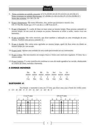5- Notas existentes no sentido crescente: (C-C#) (D-D#) (E) (F-F#) (G-G#) (A-A#) (B) (C)
   Notas existentes no sentido Decrescente: (C) (B-Bb) (A-Ab) (G-Gb) (F) (E-Eb) (D-Db) (C)
   Notas não existente: E#- B#- Cb- Fb

6- O que e henarmonia: São notas diferentes, mas, porém que possuem o mesmo som.
   EX: C# Ou Db, Sendo que o C# vem do c e o Db Vem do D ...

7- O que é Harmonia: É a união de duas ou mais notas ao mesmo tempo, Duas pessoas cantando ao
   mesmo tempo, ou um coral de crianças ou jovens, Harmonia se refere a união, vamos viver em
   harmonia...

8- O que é melodia: São solos musicais, que dizer também a indicação ou uma introdução de uma
   música, Também uma pessoa cantando só ...

9- O que é Acorde: São varias notas apertadas ao mesmo tempo, aparti de duas notas em diante ao
   mesmo tempo já e um acorde.

10- O que é nota: Apenas uma unidade de nota sendo pressionada em seu instrumento.

11- O que é ritmo: São movimentos em tempos fracos e fortes com intervalos regulares. O ritmo faz a
    música andar.

12- O que é música: É a arte cientifica de combinar os sons de modo agradável ao ouvido, obedecendo
    ao critério do ritmo, melodia e harmonia.

A CORDES MENORES

                      Do    Re    Mi    Fa    Sol   La    Si
                     menor menor menor menor menor menor menor
                                                     
                      Cm    Dm    Em    Fm    Gm    Am    Bm

SUSTENIDO (#)

             Sua função é aumentar a nota em 1/5 tom, que dizer uma casa a frente do violão como:
C – C# – D – D# – F – F – F# – G – G# – A – A# – B – C




                                                7
 