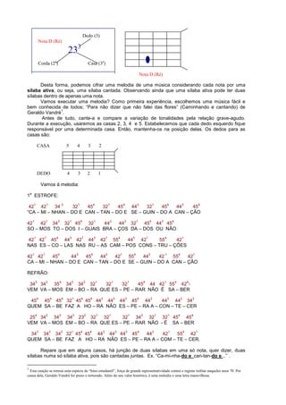 Dedo (3)
Nota D (Ré)
233
Corda (2a
) Casa (3a
)
Nota D (Ré)
Desta forma, podemos cifrar uma melodia de uma música considerando cada nota por uma
sílaba ativa, ou seja, uma sílaba cantada. Observando ainda que uma sílaba ativa pode ter duas
sílabas dentro de apenas uma nota.
Vamos executar uma melodia? Como primeira experiência, escolhemos uma música fácil e
bem conhecida de todos; “Para não dizer que não falei das flores” (Caminhando e cantando) de
Geraldo Vandré
1
.
Antes de tudo, cante-a e compare a variação de tonalidades pela relação grave-agudo.
Durante a execução, usaremos as casas 2, 3, 4 e 5. Estabelecemos que cada dedo esquerdo fique
responsável por uma determinada casa. Então, mantenha-os na posição delas. Os dedos para as
casas são:
CASA 5 4 3 2
DEDO 4 3 2 1
Vamos à melodia:
1
a
ESTROFE:
42
1
42
1
34
3
32
1
45
4
32
1
45
4
44
3
32
1
45
4
44
3
45
4
“CA – MI – NHAN – DO E CAN – TAN – DO E SE – GUIN – DO A CAN – ÇÃO
42
1
42
1
34
3
32
1
45
4
32
1
44
3
44
3
32
1
45
4
44
3
45
4
SO – MOS TO – DOS I – GUAIS BRA – ÇOS DA – DOS OU NÃO
42
1
42
1
45
4
44
3
42
1
44
3
42
1
55
4
44
3
42
1
55
4
42
1
NAS ES – CO – LAS NAS RU – AS CAM – POS CONS – TRU – ÇÕES
42
1
42
1
45
4
44
3
45
4
44
3
42
1
55
4
44
3
42
1
55
4
42
1
CA – MI – NHAN – DO E CAN – TAN – DO E SE – GUIN – DO A CAN – ÇÃO
REFRÃO:
34
3
34
3
35
4
34
3
34
3
32
1
32
1
32
1
45
4
44 42
1
55
4
42
A
-
VEM VA – MOS EM – BO – RA QUE ES – PE – RAR NÃO É SA – BER
45
4
45
4
45
4
32
1
45
4
45
4
44
3
44
3
44
3
45
4
44
3
44
3
44
3
34
3
QUEM SA – BE FAZ A HO – RA NÃO ES – PE – RA A – CON – TE – CER
25
4
34
3
34
3
34
3
23
2
32
1
32
1
32
1
34
3
32
1
32
1
45
4
45
4
VEM VA – MOS EM – BO – RA QUE ES – PE – RAR NÃO - É SA – BER
34
3
34
3
34
3
32
1
45
4
45
4
44
3
44
3
44
3
45
4
44
3
42
1
55
4
42
1
QUEM SA – BE FAZ A HO – RA NÃO ES – PE – RA A – COM – TE – CER.
Repare que em alguns casos, há junção de duas sílabas em uma só nota, quer dizer, duas
sílabas numa só sílaba ativa, pois são cantadas juntas. Ex. “Ca-mi-nha-do e can-tan-do e ..’’ .
1
Esta canção se tornou uma espécie de “hino estudantil”, força de grande representatividade contra o regime militar naqueles anos 70. Por
causa dela, Geraldo Vandré foi preso e torturado. Além do seu valor histórico, é uma melodia e uma letra maravilhosa.
 