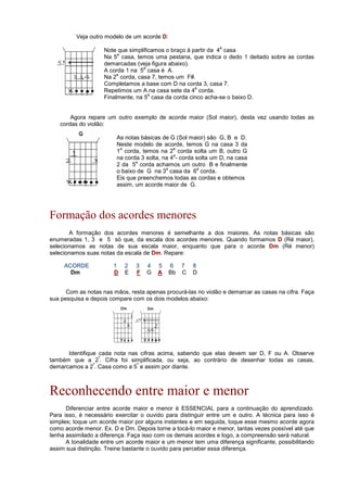 Veja outro modelo de um acorde D:
Note que simplificamos o braço à partir da 4
a
casa
Na 5
a
casa, temos uma pestana, que indica o dedo 1 deitado sobre as cordas
demarcadas (veja figura abaixo).
A corda 1 na 5
a
casa é A.
Na 2
a
corda, casa 7, temos um F#.
Completamos a base com D na corda 3, casa 7.
Repetimos um A na casa sete da 4
a
corda.
Finalmente, na 5
a
casa da corda cinco acha-se o baixo D.
Agora repare um outro exemplo de acorde maior (Sol maior), desta vez usando todas as
cordas do violão:
Formação dos acordes menores
A formação dos acordes menores é semelhante a dos maiores. As notas básicas são
enumeradas 1, 3 e 5 só que, da escala dos acordes menores. Quando formamos D (Ré maior),
selecionamos as notas de sua escala maior, enquanto que para o acorde Dm (Ré menor)
selecionamos suas notas da escala de Dm. Repare:
ACORDE 1 2 3 4 5 6 7 8
Dm D E F G A Bb C D
Com as notas nas mãos, resta apenas procurá-las no violão e demarcar as casas na cifra. Faça
sua pesquisa e depois compare com os dois modelos abaixo:
Identifique cada nota nas cifras acima, sabendo que elas devem ser D, F ou A. Observe
também que a 2
ª
. Cifra foi simplificada, ou seja, ao contrário de desenhar todas as casas,
demarcamos a 2
ª
. Casa como a 5
ª
e assim por diante.
Reconhecendo entre maior e menor
Diferenciar entre acorde maior e menor é ESSENCIAL para a continuação do aprendizado.
Para isso, é necessário exercitar o ouvido para distinguir entre um e outro. A técnica para isso é
simples; toque um acorde maior por alguns instantes e em seguida, toque esse mesmo acorde agora
como acorde menor. Ex. D e Dm. Depois torne a tocá-lo maior e menor, tantas vezes possível até que
tenha assimilado a diferença. Faça isso com os demais acordes e logo, a compreensão será natural.
A tonalidade entre um acorde maior e um menor tem uma diferença significante, possibilitando
assim sua distinção. Treine bastante o ouvido para perceber essa diferença.
As notas básicas de G (Sol maior) são G, B e D.
Neste modelo de acorde, temos G na casa 3 da
1
a
corda, temos na 2
a
corda solta um B, outro G
na corda 3 solta, na 4
a
- corda solta um D, na casa
2 da 5
a
corda achamos um outro B e finalmente
o baixo de G na 3
a
casa da 6
a
corda.
Eis que preenchemos todas as cordas e obtemos
assim, um acorde maior de G.
 