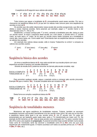 A seqüência de D segundo seus valores são estes:
TOM = 1
o
2
o
(7) 3
o
7 4
o
1
o
m 2
o
m 3
o
m 4
o
m 5
o
(7) 5
o
m (7)
D = D A(7) D7 G Bm F#m En Gm F#(7) Am(7)
Toda música que segue a tonalidade de D, provavelmente usará esses acordes. Por isso a
chamamos de seqüência básica de D, já que tem os valores mais comuns para uma seqüência de
acordes no tom de D.
Os acordes que não estão relacionados nessa escala são acordes excepcionais, que dão sutis
efeitos a esses mesmos acordes. Seria possível, por exemplo, pegar o 1
o
acorde menor e dar
dissonâncias como 7+, 7/6 ou 7m.
Geralmente, a música começa pelo 1
o
(o tom), variando a tonalidade para alto, baixa ou para
um acorde menor. Ai entra o esquema desta escala; se o tom baixar, o acorde será o 2
o
acorde
maior, se subir será o 4
o
maior, se for para um acorde menor basta comparar se a tonalidade é
menor alta, menor baixa, etc. Como saber isso? Exercitando bem as seqüências básicas e comparar
os valores dos acordes.
Um exemplo dos valores dessa escala; volte à música “Cabecinha no ombro” e compare os
valores dos acordes usados:
1
o
(tom) 2
o
(tom baixo) 4
o
(tom alto) 3
o
-menor
C G F Dm
Seqüência básica dos acordes
Já vimos a seqüência básica de D, mas cada acorde tem sua escala própria com seus
respectivos acordes e sempre com escalas diferentes.
Através da escala de D, podemos encontrar as demais pela escala completa, veja:
1 2 3 4 5 6 7 8 9 10 11 12
ESCALA COMPLETA D D# E F F# G G# A A# B C C#
TONALIDADE DE D 1
o
3
o
m 2
o
m 4
o
2
o
(7) 1
o
m
3
o
7 5
o
(7) 4
o
m 5
o
m(7)
Para encontrar qualquer escala, segue o exemplo acima a começar pelo acorde procurado.
Exemplo F# (que o mesmo Gb). A escala completa deve ser iniciada em F#.
1 2 3 4 5 6 7 8 9 10 11 12
ESCALA COMPLETA F# G G# A A# B C C# D D# E F
TONALIDADE DE F# 1
o
3
o
m 2
o
m 4
o
2
o
(7) 1
o
m
3
o
7 5
o
(7) 4
o
m 5
o
m(7)
Desta forma se compõe a seqüência básica de F#:
TOM 1
o
2
o
(7) 3
o
7 4
o
1
o
m 2
o
m 3
o
m 4
o
m 5
o
(7) 5
o
m(7)
F# F# C#(7) F#7 B D#m A#m G#m Bm A#(7) C3m(7)
Seqüência de tonalidades menores
Mostramos até agora seqüência de tonalidades maiores. Todavia, também se escrevem
tonalidades menores cuja escala é semelhante à do seu acorde maior primo. No caso de um tom Bm,
a seqüência básica seria igual à de seu acorde primo D. Um 6
o
acorde com 7m pode ser
acrescentado por ser bastante usado neste caso; seria o 1
o
m transformado em maior com 7m. No
exemplo de Bm teríamos um B7. Usa-se esse acorde como passagem do 1
o
m para o acorde menor
alto (3
o
m) como uma espécie de preparação. É possível encontrar esse acorde também numa escala
maior como D. Conclusão; tanto faz escrever a tonalidade como D ou Bm uma vez que suas
seqüências são exatamente iguais. O mesmo acontece com todos os acordes primos (ex. C = Am, E
= C#m, F = Dm, etc.).
 